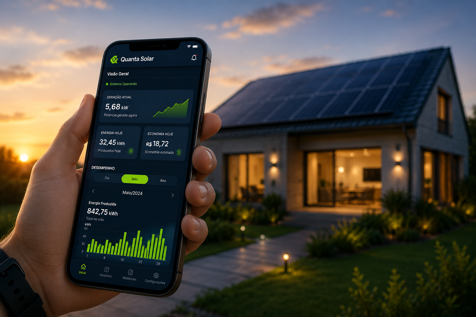 Aplicativo móvel e desktop de monitoramento inteligente Quanta Solar