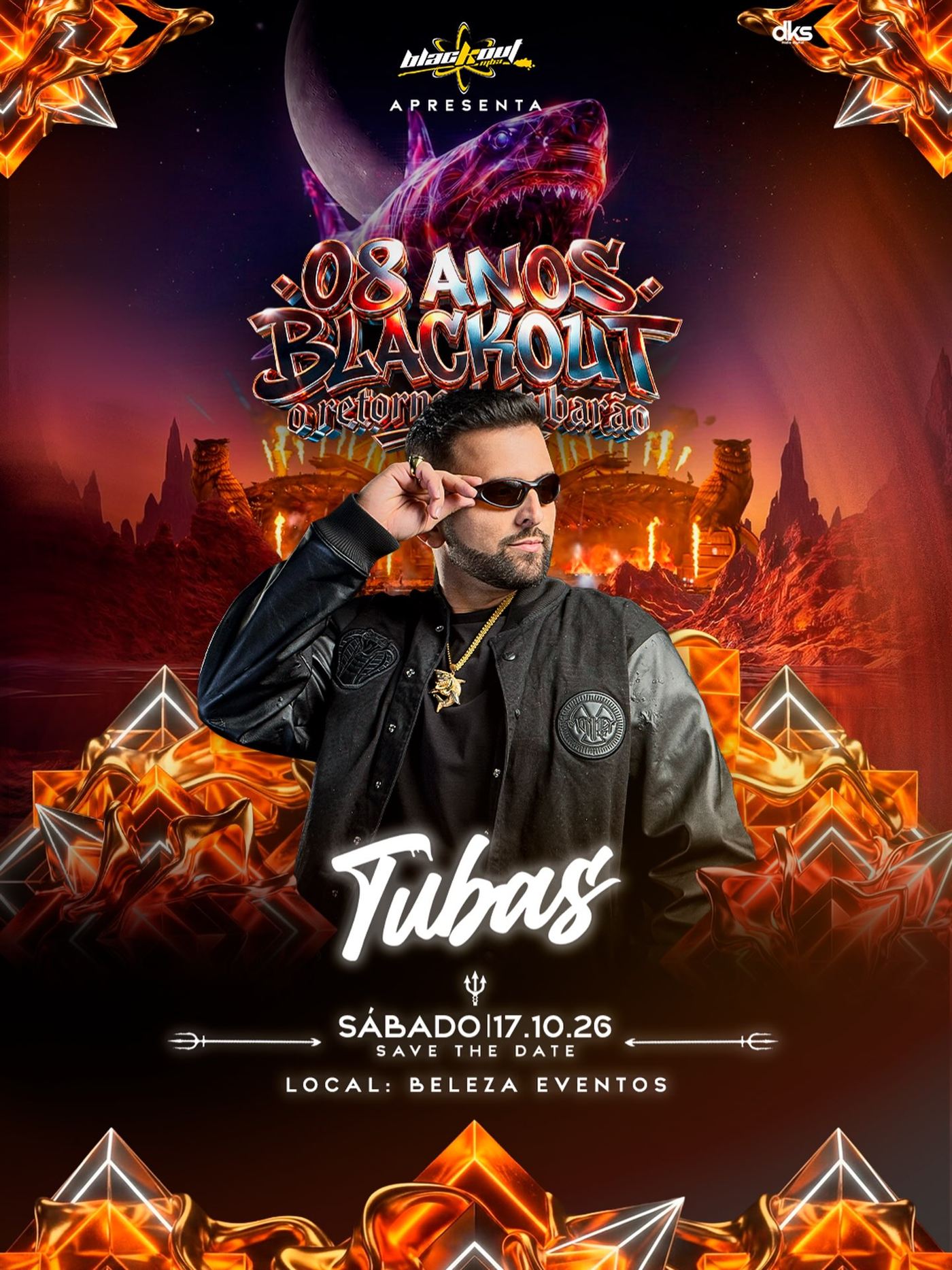 Flyer do DJ Tubas, 08 anos Blackout, o retorno do tubarão, sábado 17 de outubro, Beleza Eventos